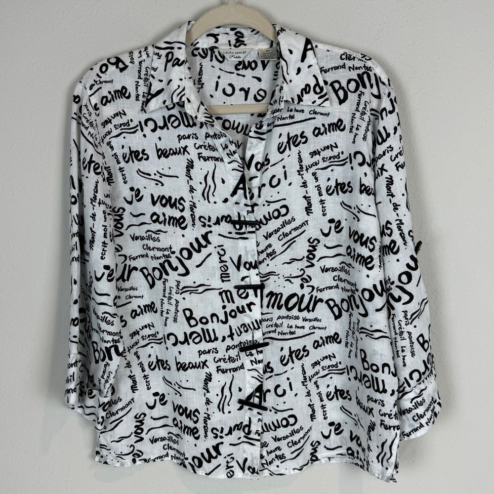 Vintage Laura Ashley Linen French White Black Convertible Sleeve Top PM